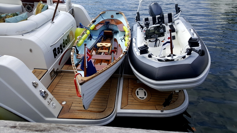 An interesting set up for an extended swim platform to transport two different kinds of dinghies. The boat was tied up at Lagoon Cove.